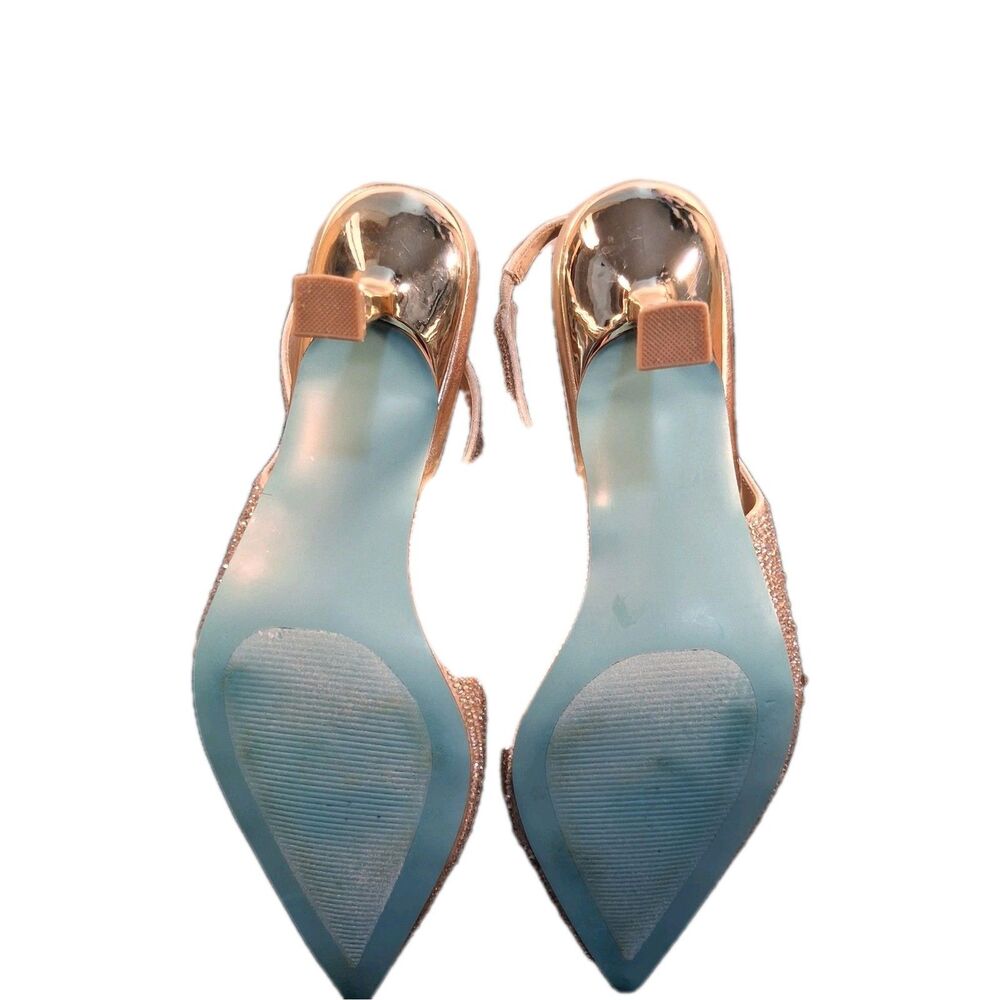 Betsey Johnson Clark Gold Rhinestone Curved Kitten Heels Size 8.5 Wide Glam - Picture 12 of 13